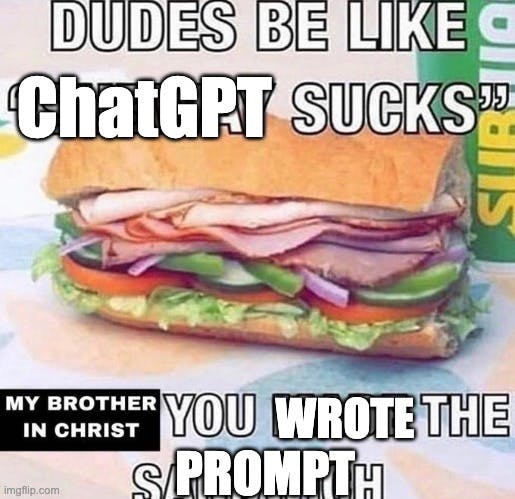 Caption: Dudes be like, chatgpt sucks! My brother in christ, you wrote the prompt! meme from
imgflip.com